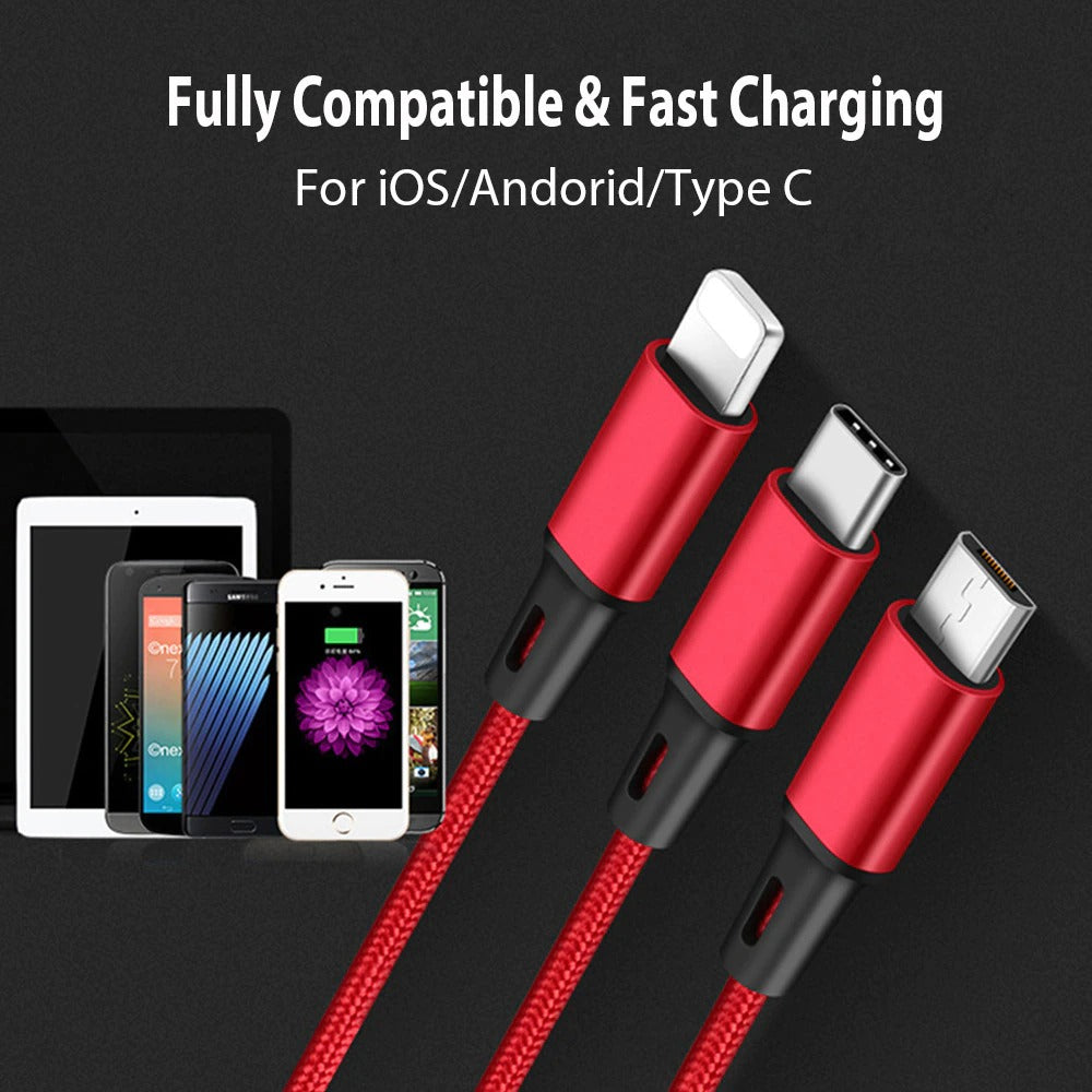 3 In 1 USB Cable For IPhone, Micro USB Cable For Android, USB TypeC For Other Mobile Phones